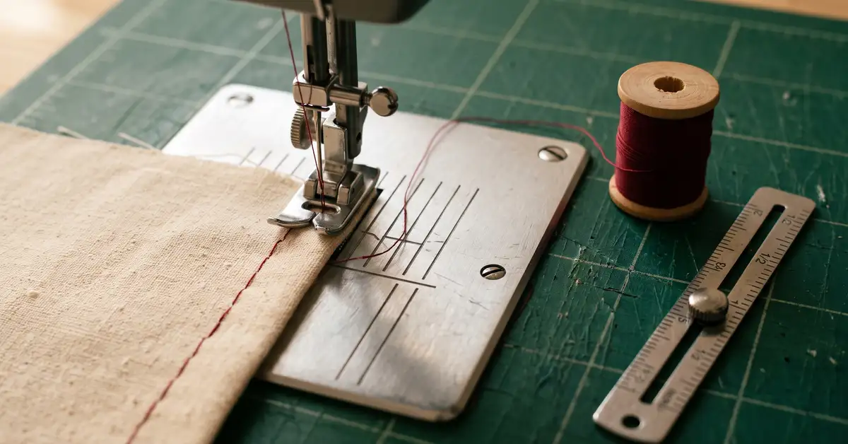 Sewing machine needle plate with a threaded needle, calico fabric under the presser foot, red thread and a seam gauge on a cutting mat